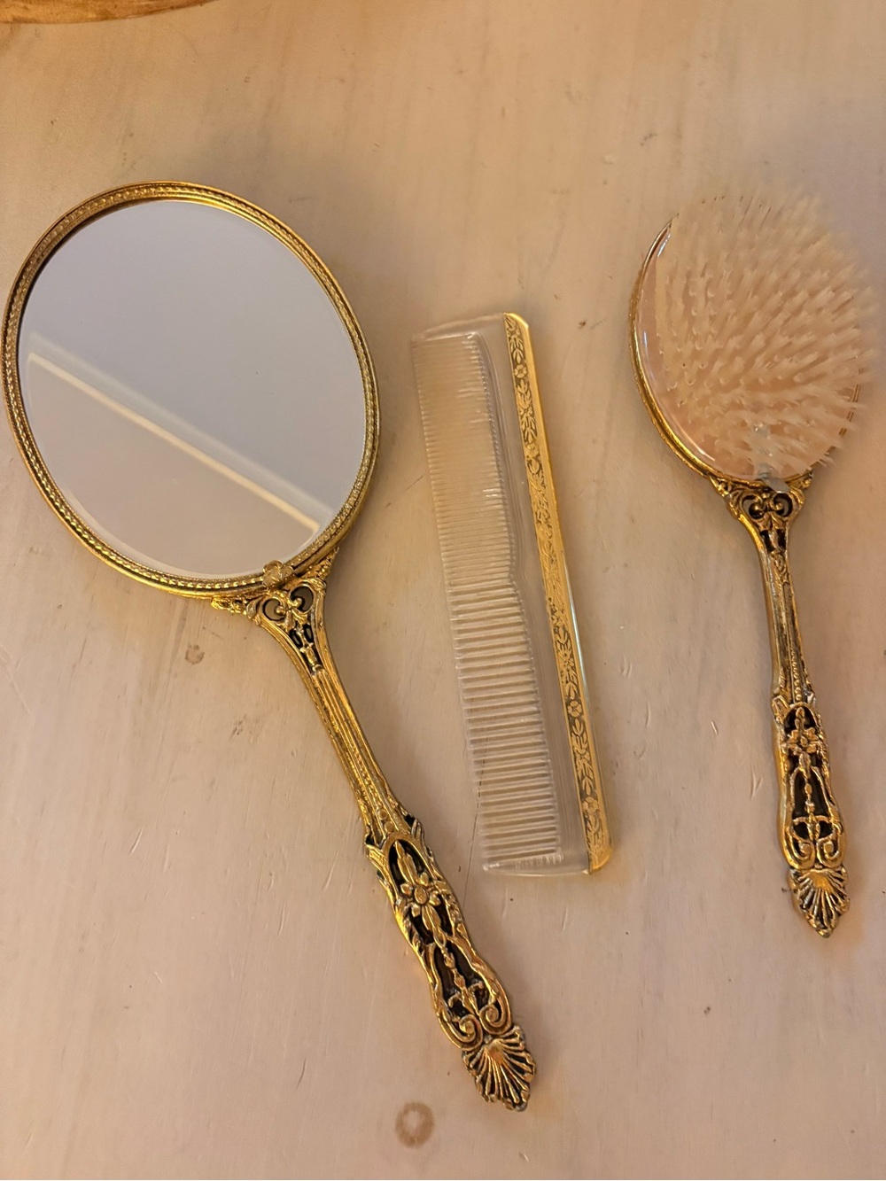 VTG Globe 24K Gold Plated Vanity Set Hand Mirror, Brush, Comb -Hollywood Regency